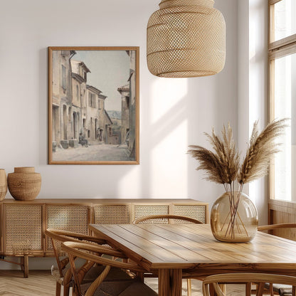 Immerse yourself in the serenity of a timeless European street with this exquisite watercolor for Extra Kitchen