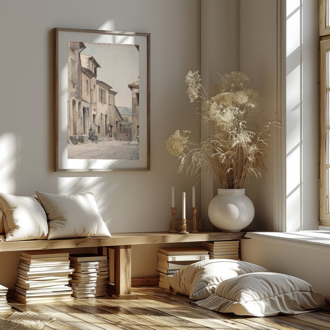 Immerse yourself in the serenity of a timeless European street with this exquisite watercolor for gallery