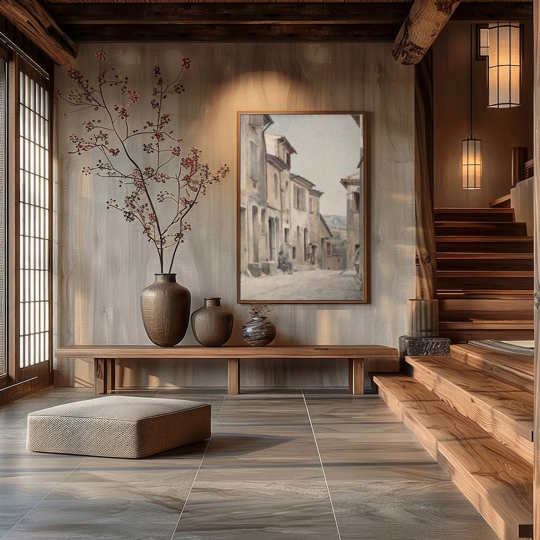 Immerse yourself in the serenity of a timeless European street with this exquisite watercolor for Hall