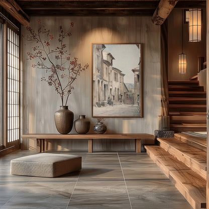 Immerse yourself in the serenity of a timeless European street with this exquisite watercolor for Hall