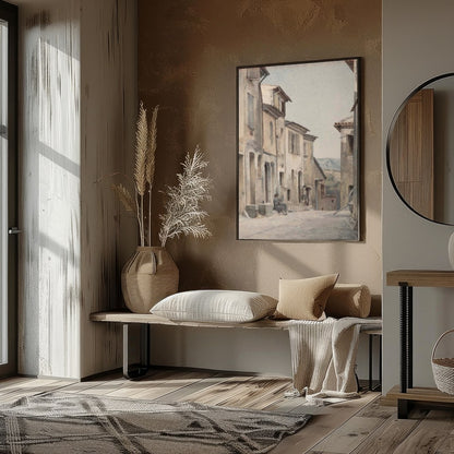 Immerse yourself in the serenity of a timeless European street with this exquisite watercolor for haven