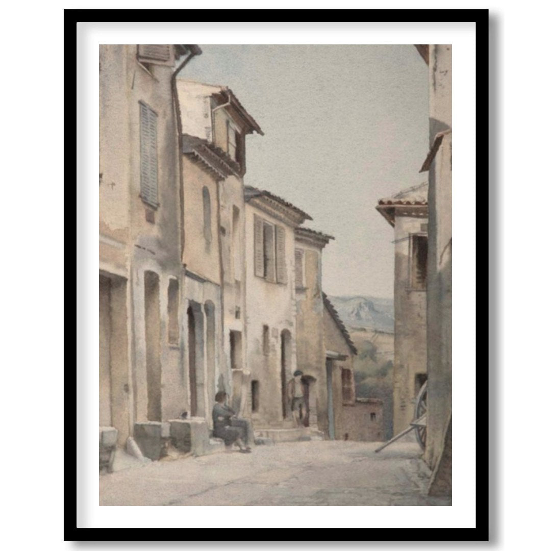 Immerse yourself in the serenity of a timeless European street with this exquisite watercolor for kitchen