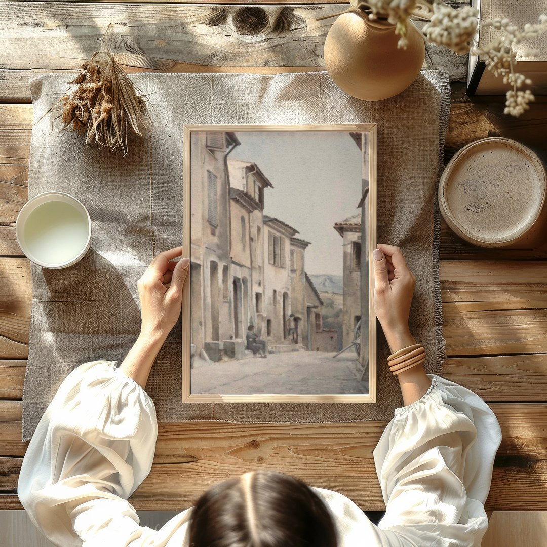 Immerse yourself in the serenity of a timeless European street with this exquisite watercolor for room