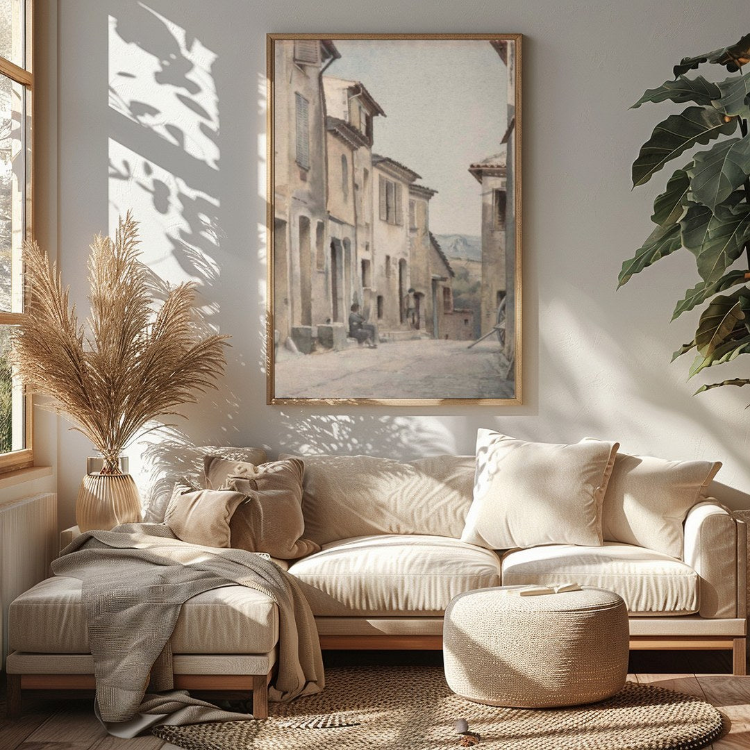 Immerse yourself in the serenity of a timeless European street with this exquisite watercolor for Sitting Area