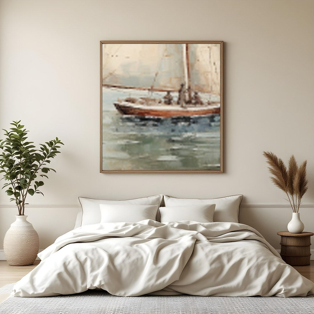Capture the essence of serenity with this exquisite artwork featuring a solitary sailboat for Bedroom