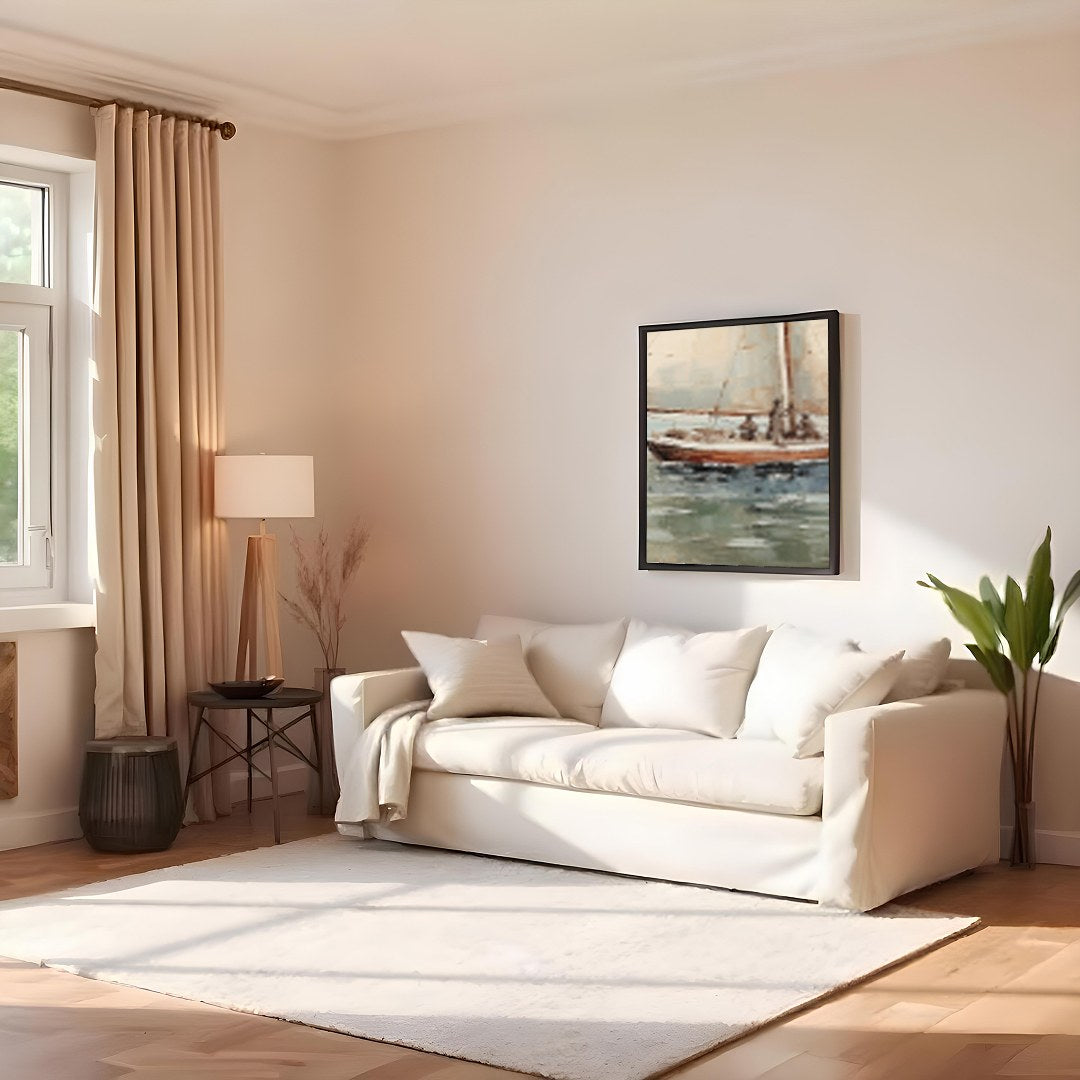 Capture the essence of serenity with this exquisite artwork featuring a solitary sailboat for Family Room