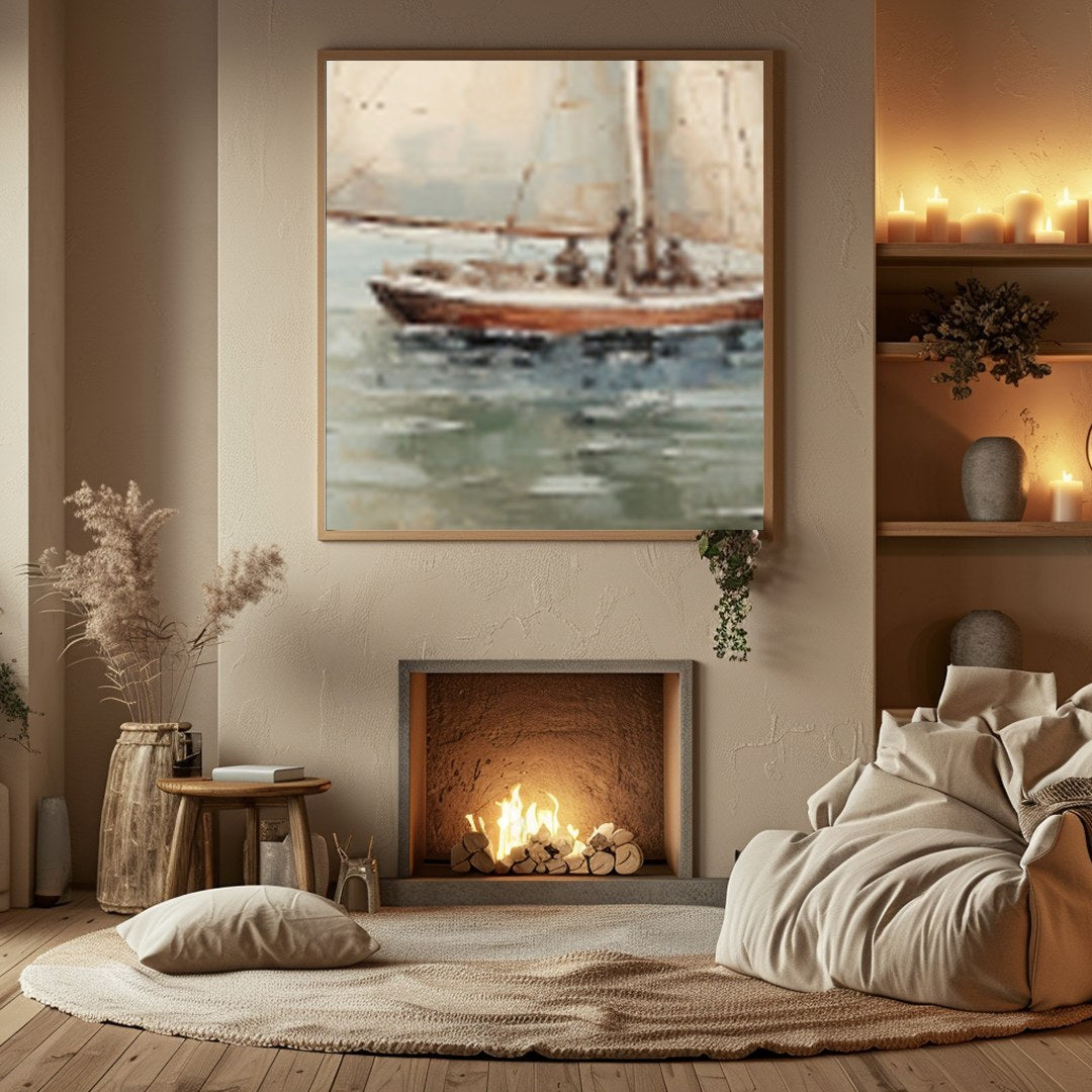 Capture the essence of serenity with this exquisite artwork featuring a solitary sailboat for Hall