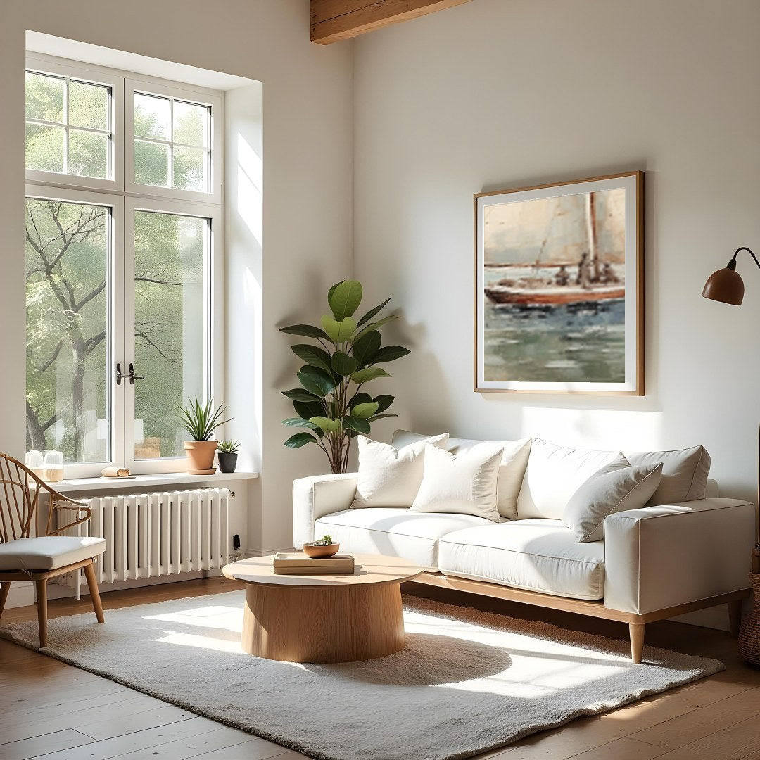 Capture the essence of serenity with this exquisite artwork featuring a solitary sailboat for Living Room