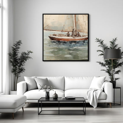 Capture the essence of serenity with this exquisite artwork featuring a solitary sailboat for Sitting Area