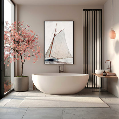 Discover the serene beauty of 'Tranquil Voyage,' an exquisite piece capturing a classic sailboat for Bathroom