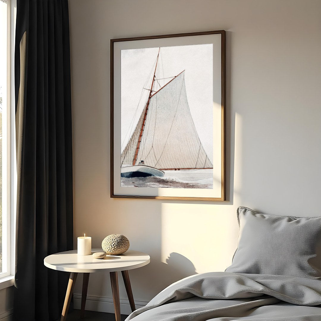 Discover the serene beauty of 'Tranquil Voyage,' an exquisite piece capturing a classic sailboat for Bedroom