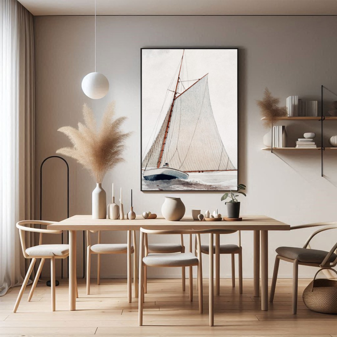 Discover the serene beauty of 'Tranquil Voyage,' an exquisite piece capturing a classic sailboat for Dining