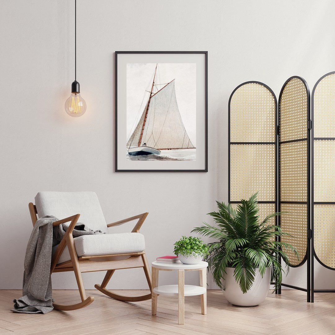 Discover the serene beauty of 'Tranquil Voyage,' an exquisite piece capturing a classic sailboat for Foyer