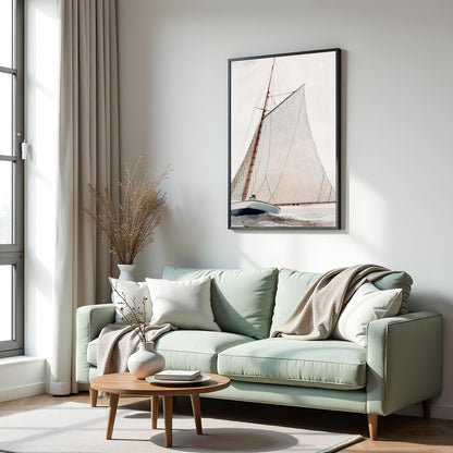 Discover the serene beauty of 'Tranquil Voyage,' an exquisite piece capturing a classic sailboat for Hall