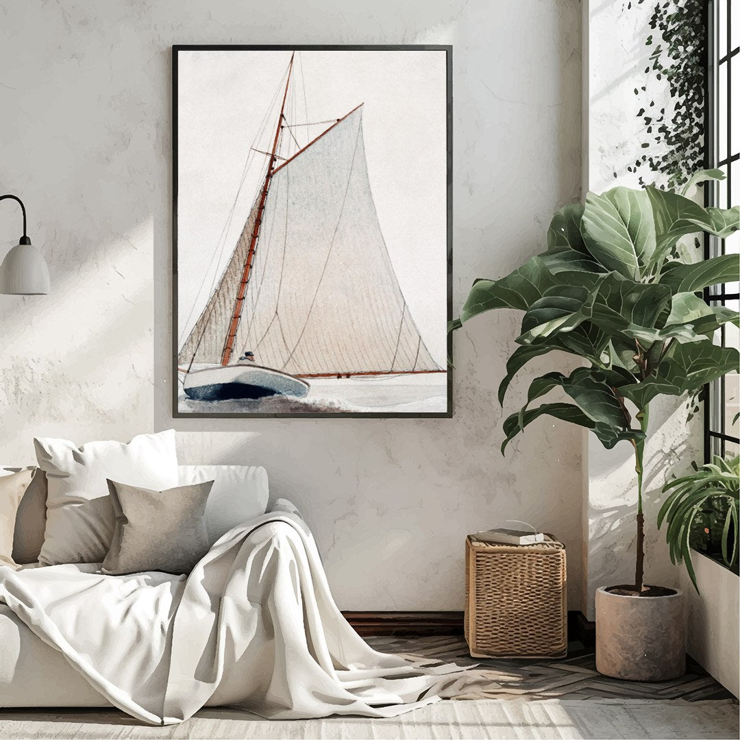 Discover the serene beauty of 'Tranquil Voyage,' an exquisite piece capturing a classic sailboat for Living Room