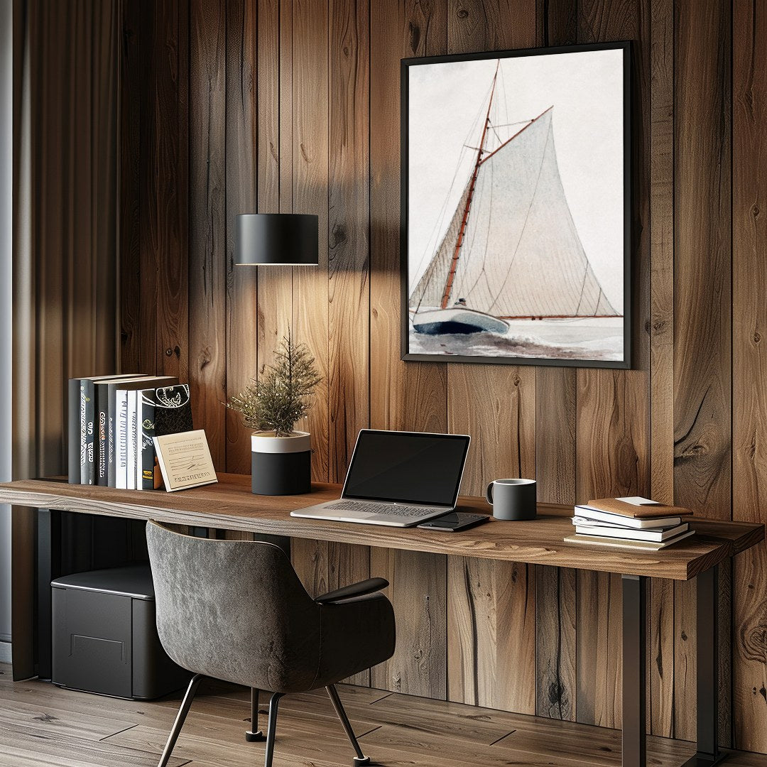 Discover the serene beauty of 'Tranquil Voyage,' an exquisite piece capturing a classic sailboat for Study and Office