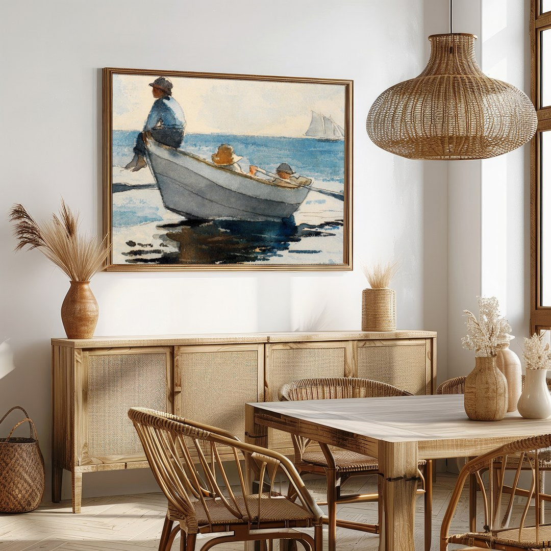 Immerse your space in calm with this exquisite watercolor depicting a serene seascape. Featuring a for Dining