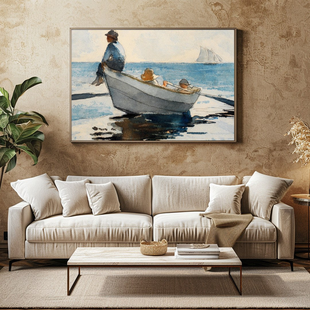 Immerse your space in calm with this exquisite watercolor depicting a serene seascape. Featuring a for Family Room