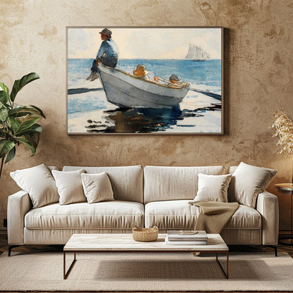 Immerse your space in calm with this exquisite watercolor depicting a serene seascape. Featuring a for Family Room