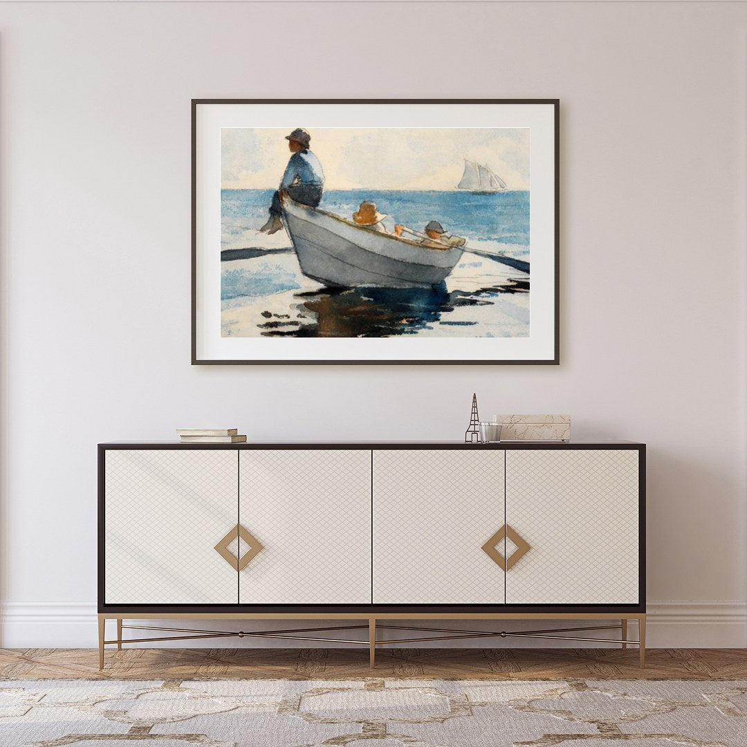 Immerse your space in calm with this exquisite watercolor depicting a serene seascape. Featuring a for Foyer