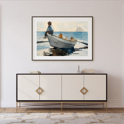 Immerse your space in calm with this exquisite watercolor depicting a serene seascape. Featuring a for Foyer