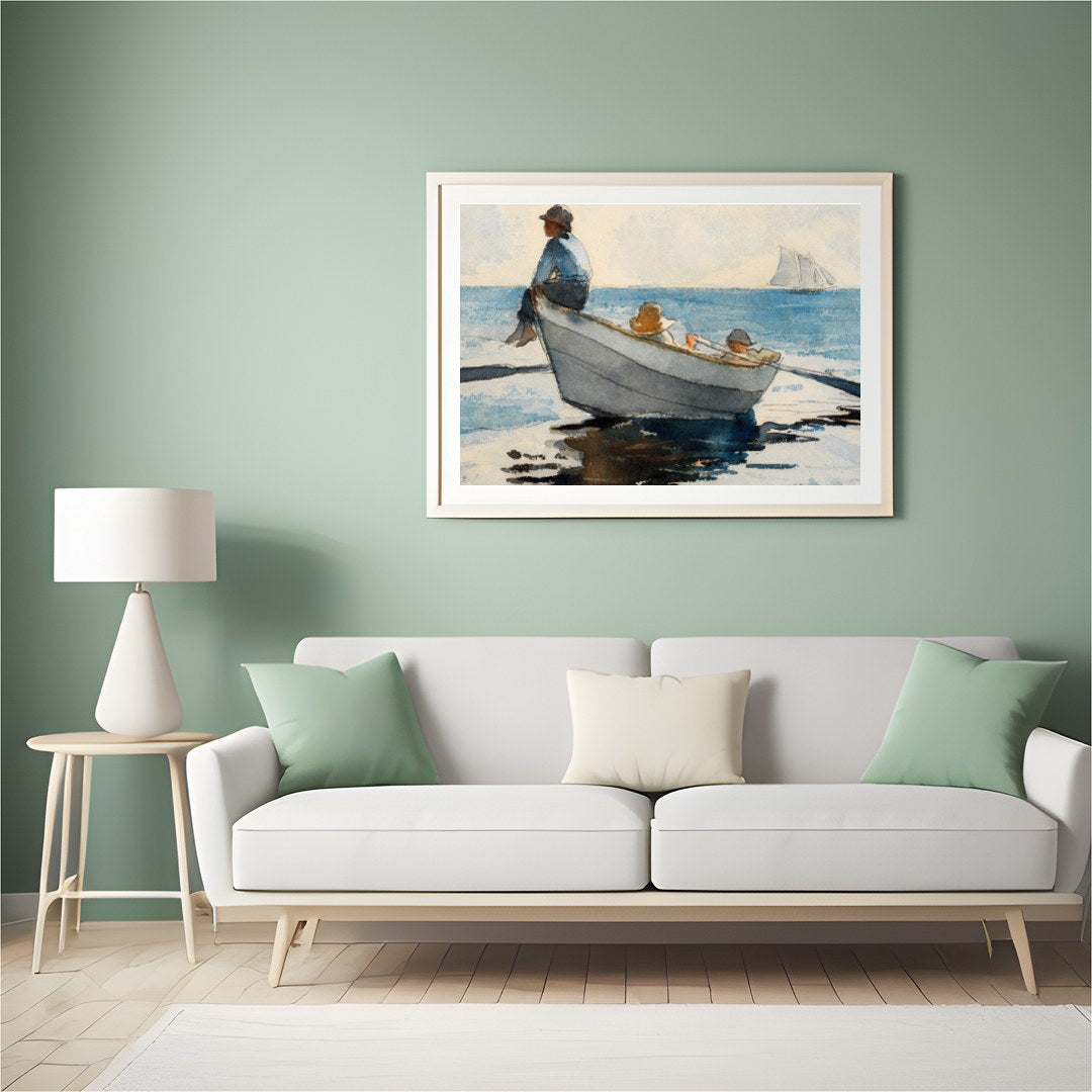 Immerse your space in calm with this exquisite watercolor depicting a serene seascape. Featuring a for Hall