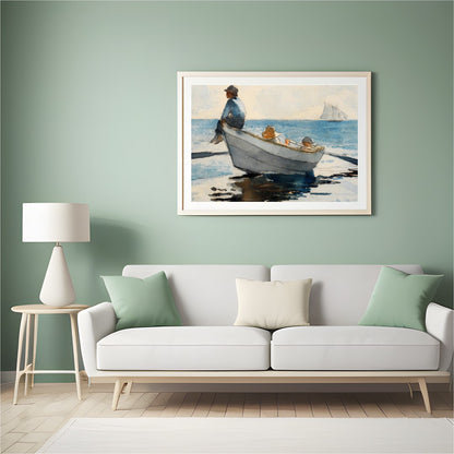 Immerse your space in calm with this exquisite watercolor depicting a serene seascape. Featuring a for Hall