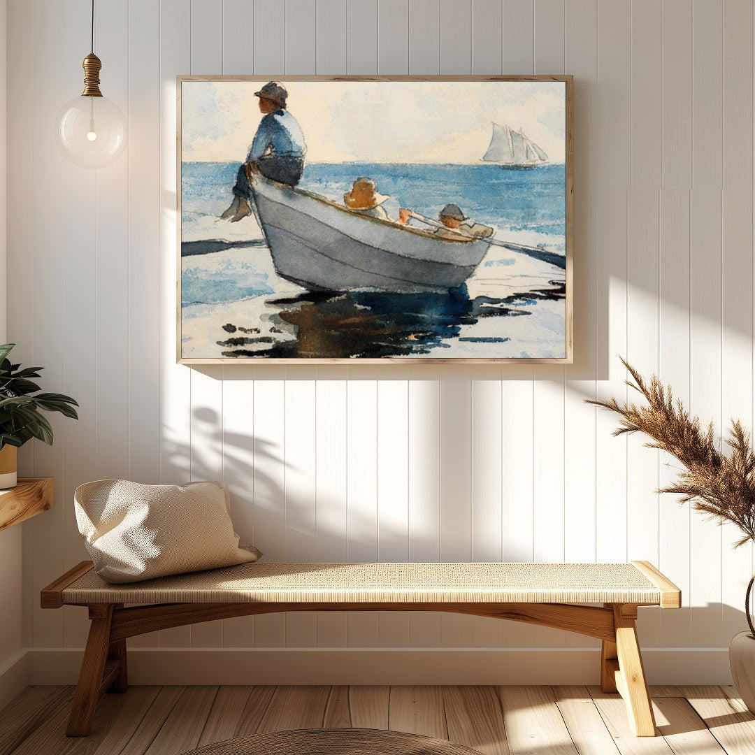Immerse your space in calm with this exquisite watercolor depicting a serene seascape. Featuring a for Hallway