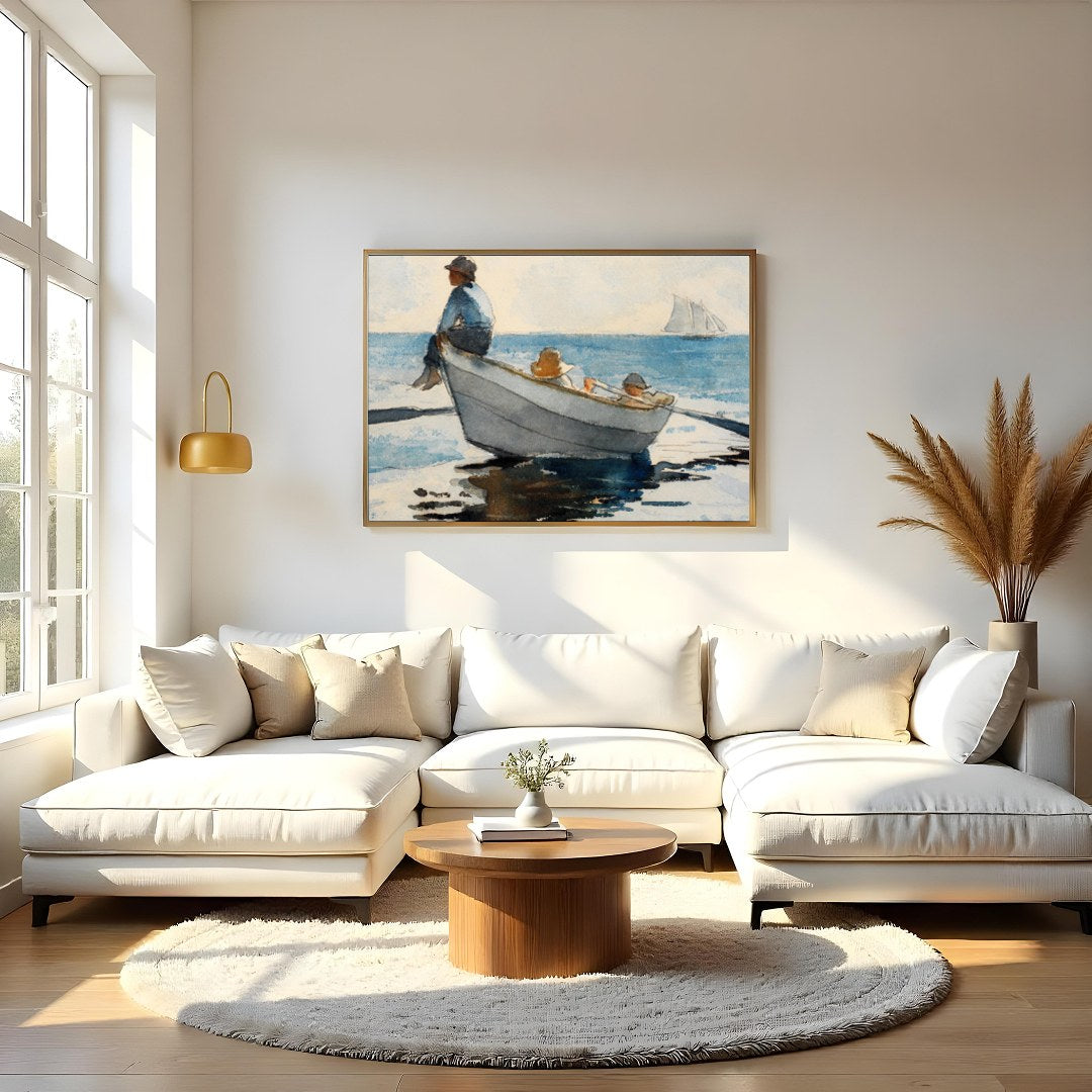 Immerse your space in calm with this exquisite watercolor depicting a serene seascape. Featuring a for Living Room
