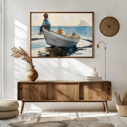 Immerse your space in calm with this exquisite watercolor depicting a serene seascape. Featuring a for Sitting Area