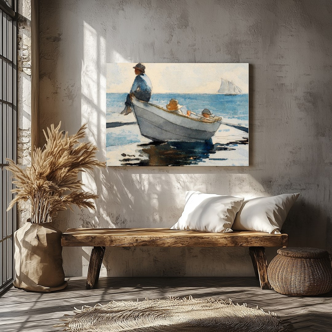 Immerse your space in calm with this exquisite watercolor depicting a serene seascape. Featuring a for Veranda