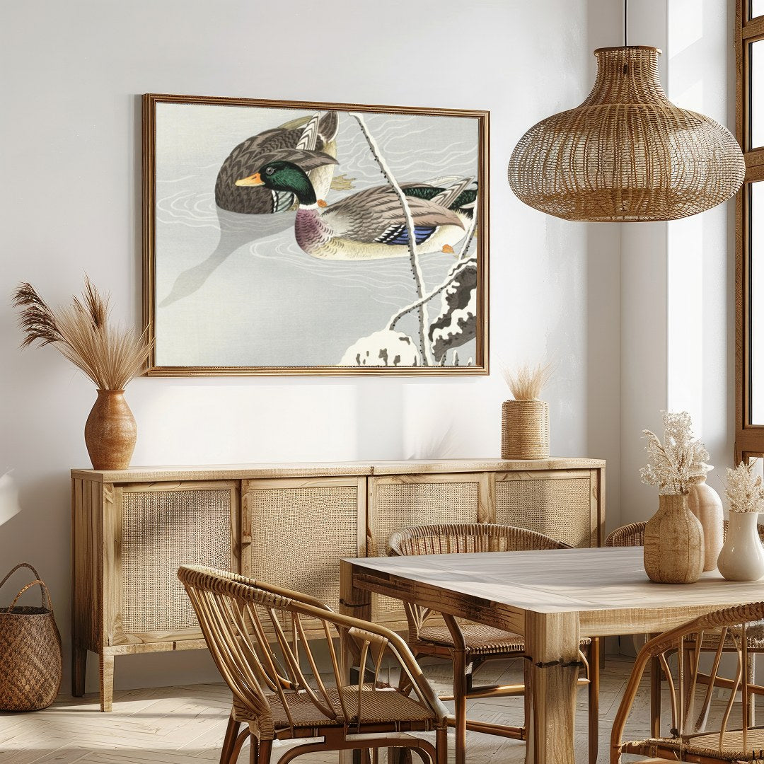 This serene artwork captures the elegance of a pair of ducks gliding across a misty pond, exuding a for Dining