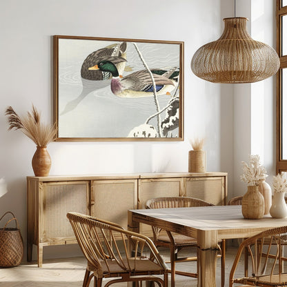 This serene artwork captures the elegance of a pair of ducks gliding across a misty pond, exuding a for Dining