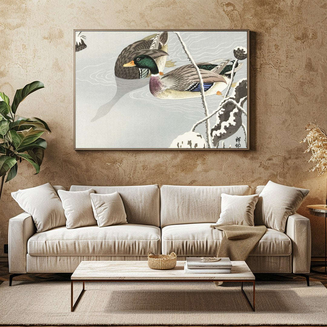 This serene artwork captures the elegance of a pair of ducks gliding across a misty pond, exuding a for Family Room