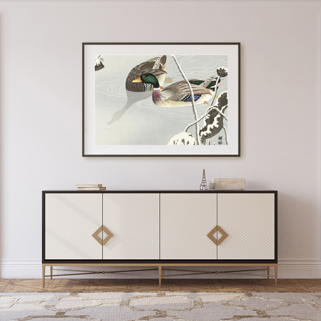 This serene artwork captures the elegance of a pair of ducks gliding across a misty pond, exuding a for Foyer