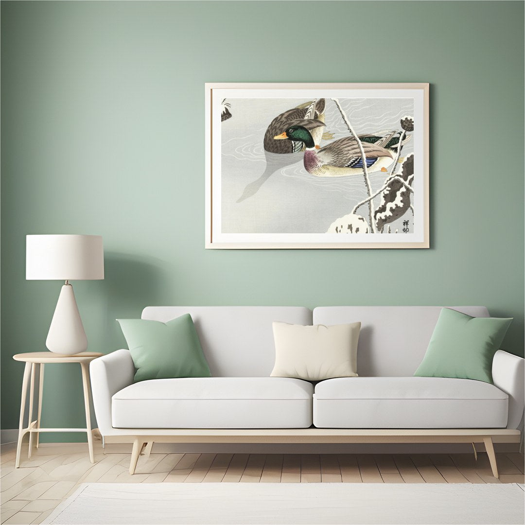 This serene artwork captures the elegance of a pair of ducks gliding across a misty pond, exuding a for Hall