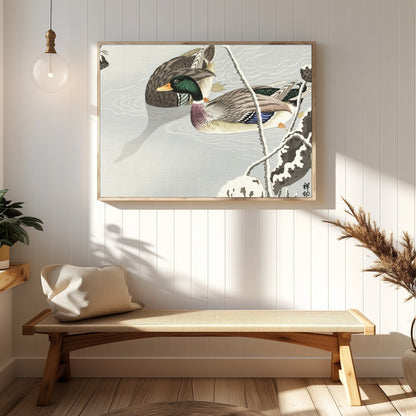 This serene artwork captures the elegance of a pair of ducks gliding across a misty pond, exuding a for Hallway