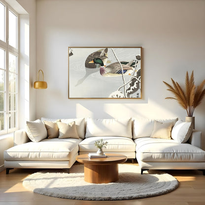 This serene artwork captures the elegance of a pair of ducks gliding across a misty pond, exuding a for Living Room