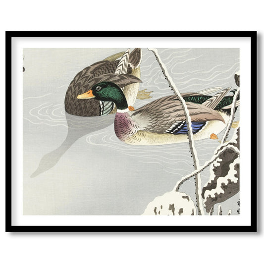 This serene artwork captures the elegance of a pair of ducks gliding across a misty pond, exuding a for nook