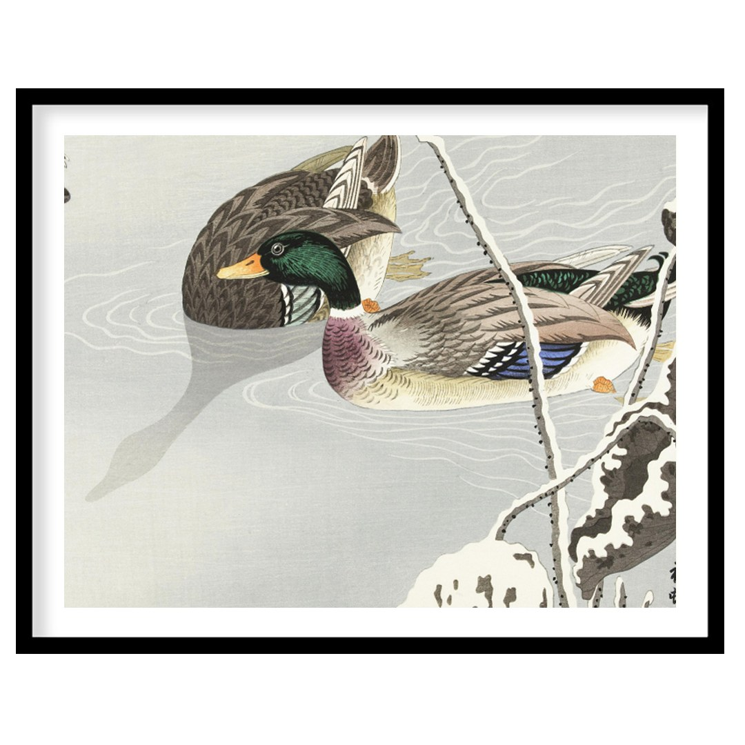 This serene artwork captures the elegance of a pair of ducks gliding across a misty pond, exuding a for nook
