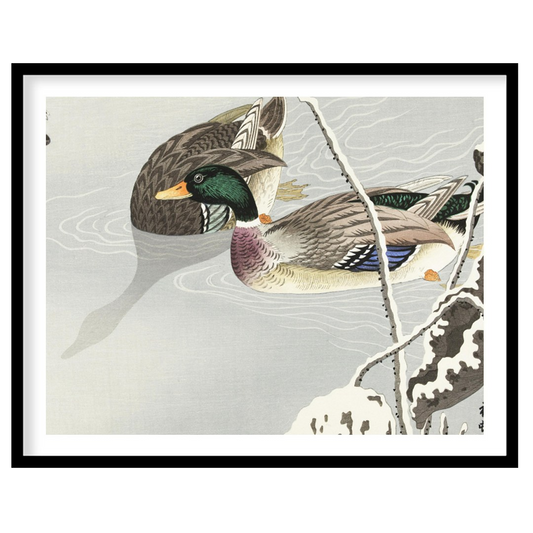 This serene artwork captures the elegance of a pair of ducks gliding across a misty pond, exuding a for nook