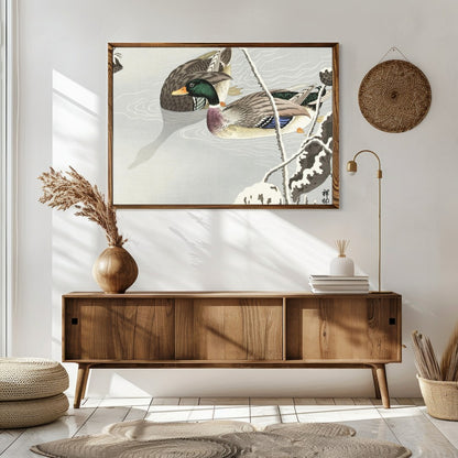 This serene artwork captures the elegance of a pair of ducks gliding across a misty pond, exuding a for Sitting Area