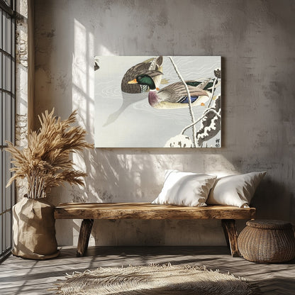 This serene artwork captures the elegance of a pair of ducks gliding across a misty pond, exuding a for Veranda
