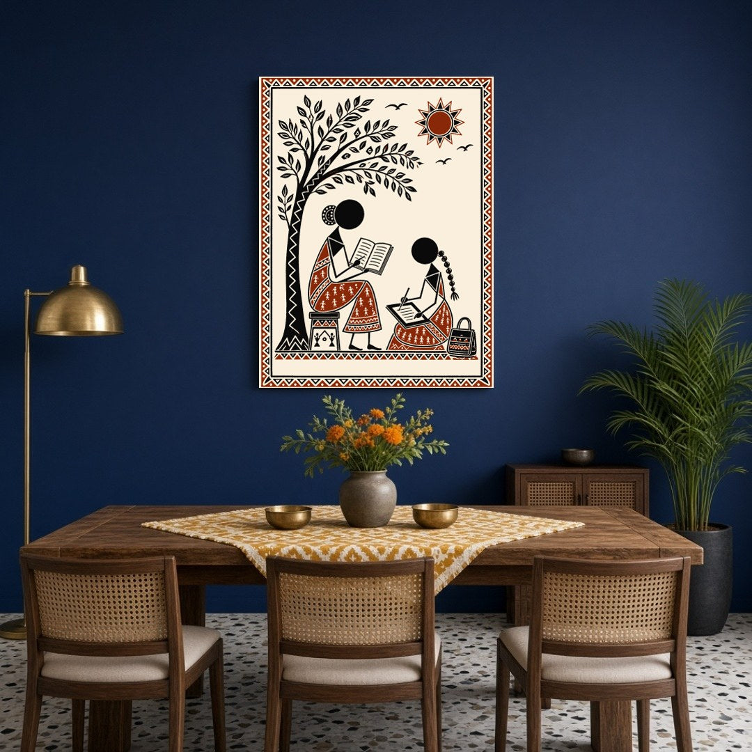 Immerse yourself in the serene beauty of Warli art with this captivating scene of two figures for Dining