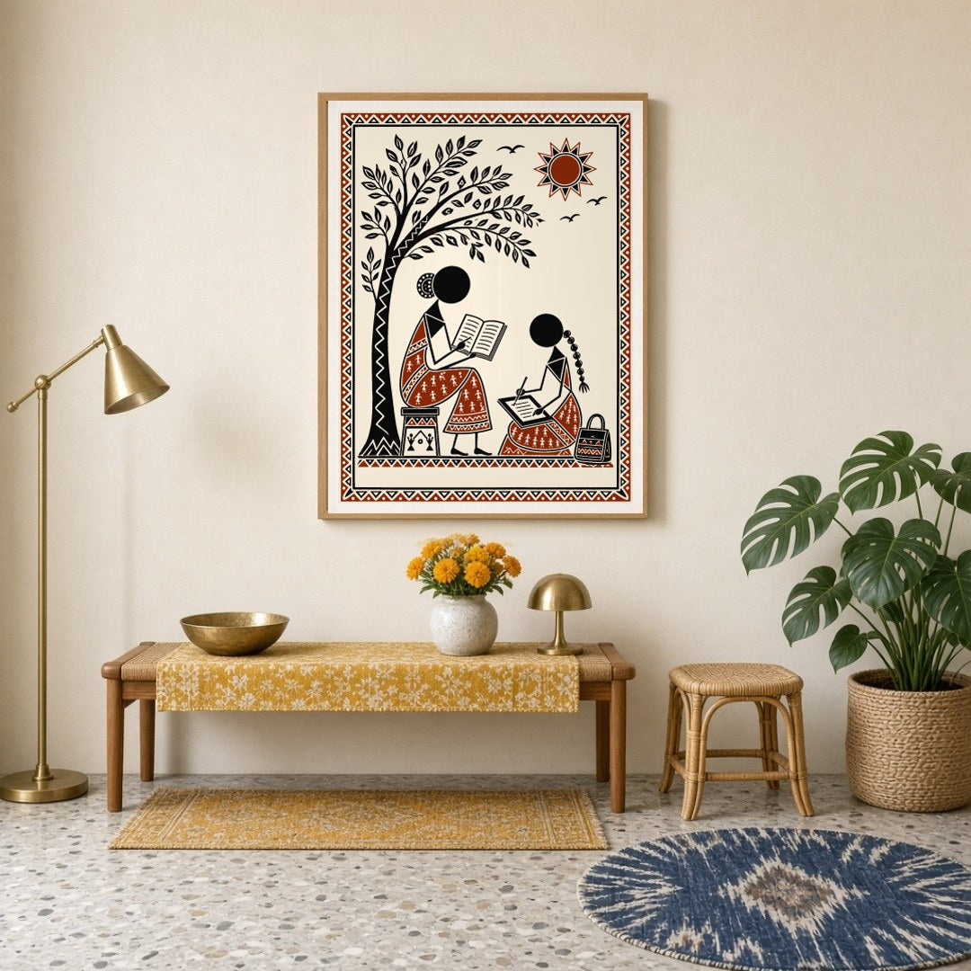 Immerse yourself in the serene beauty of Warli art with this captivating scene of two figures for Entrance