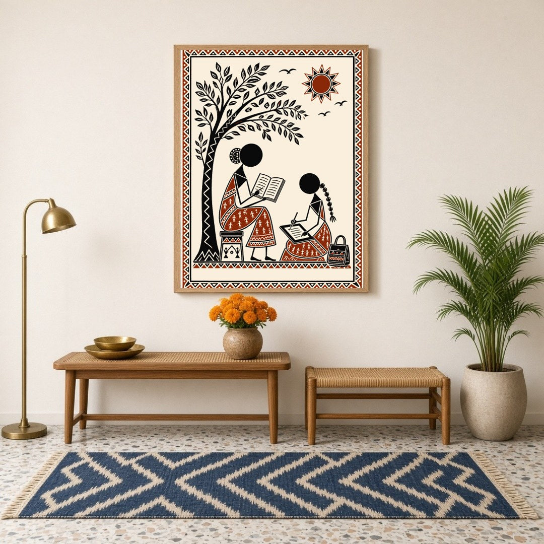 Immerse yourself in the serene beauty of Warli art with this captivating scene of two figures for Hallway