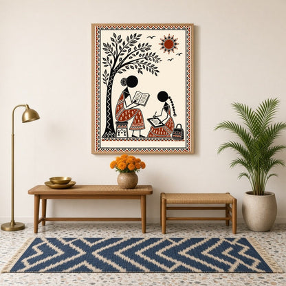 Immerse yourself in the serene beauty of Warli art with this captivating scene of two figures for Hallway