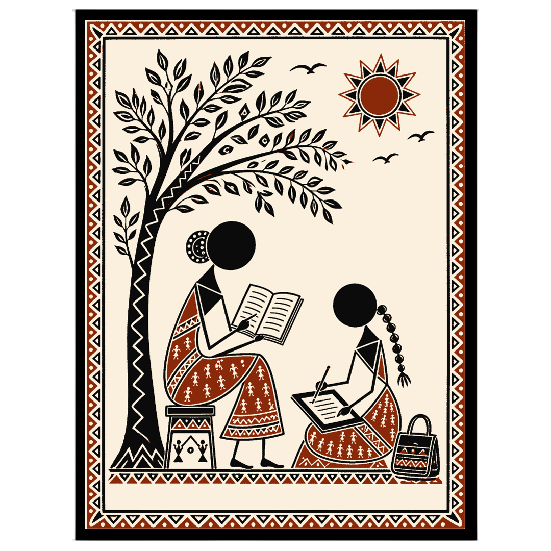Immerse yourself in the serene beauty of Warli art with this captivating scene of two figures for haven