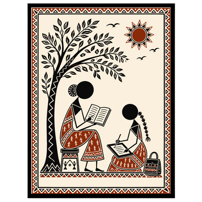 Immerse yourself in the serene beauty of Warli art with this captivating scene of two figures for haven