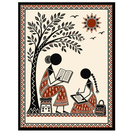 Immerse yourself in the serene beauty of Warli art with this captivating scene of two figures for haven